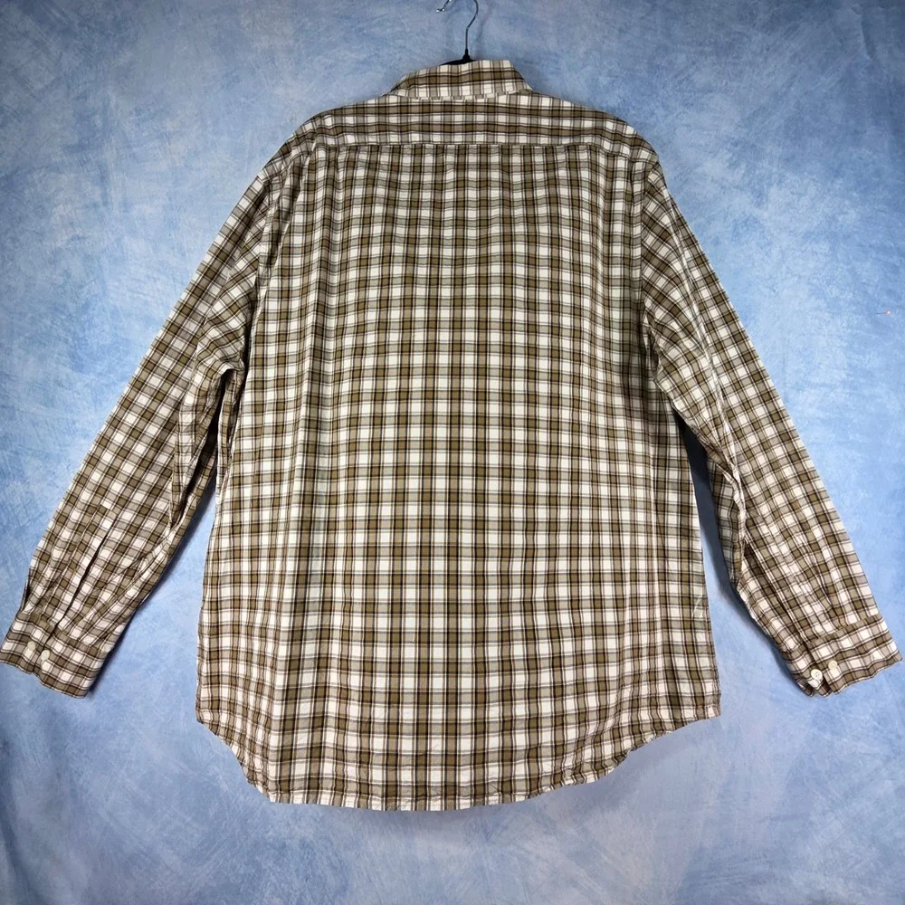 Banana Republic Mens XL Untucked Standard Fit Plaid Button Down Shirt Brown Tan